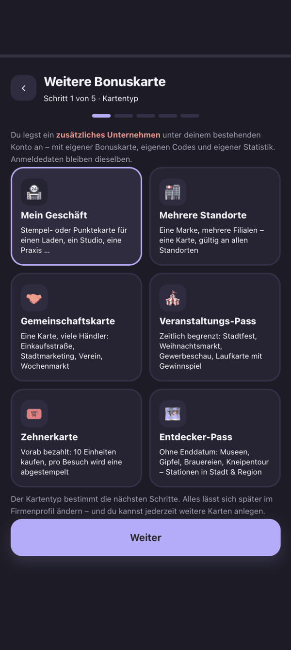 Manager: Kartentyp wählen: sechs Typen, vom Café bis zur ganzen Stadt.