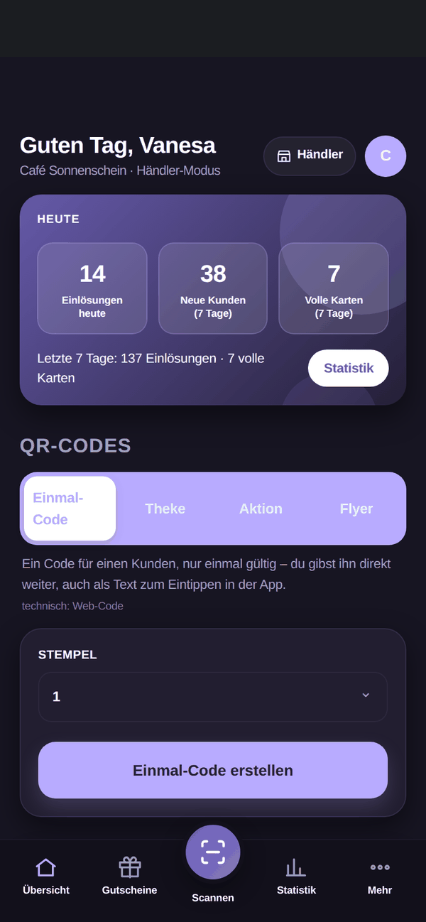 Manager: Übersicht: Scans heute, QR-Codes erzeugen, Freikontingent im Blick.